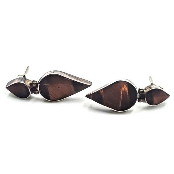 Vintage 925 Sterling Silver Marked Chile Tiger's Eye Hinged Dangle Post Earrings - Picture 3 of 8